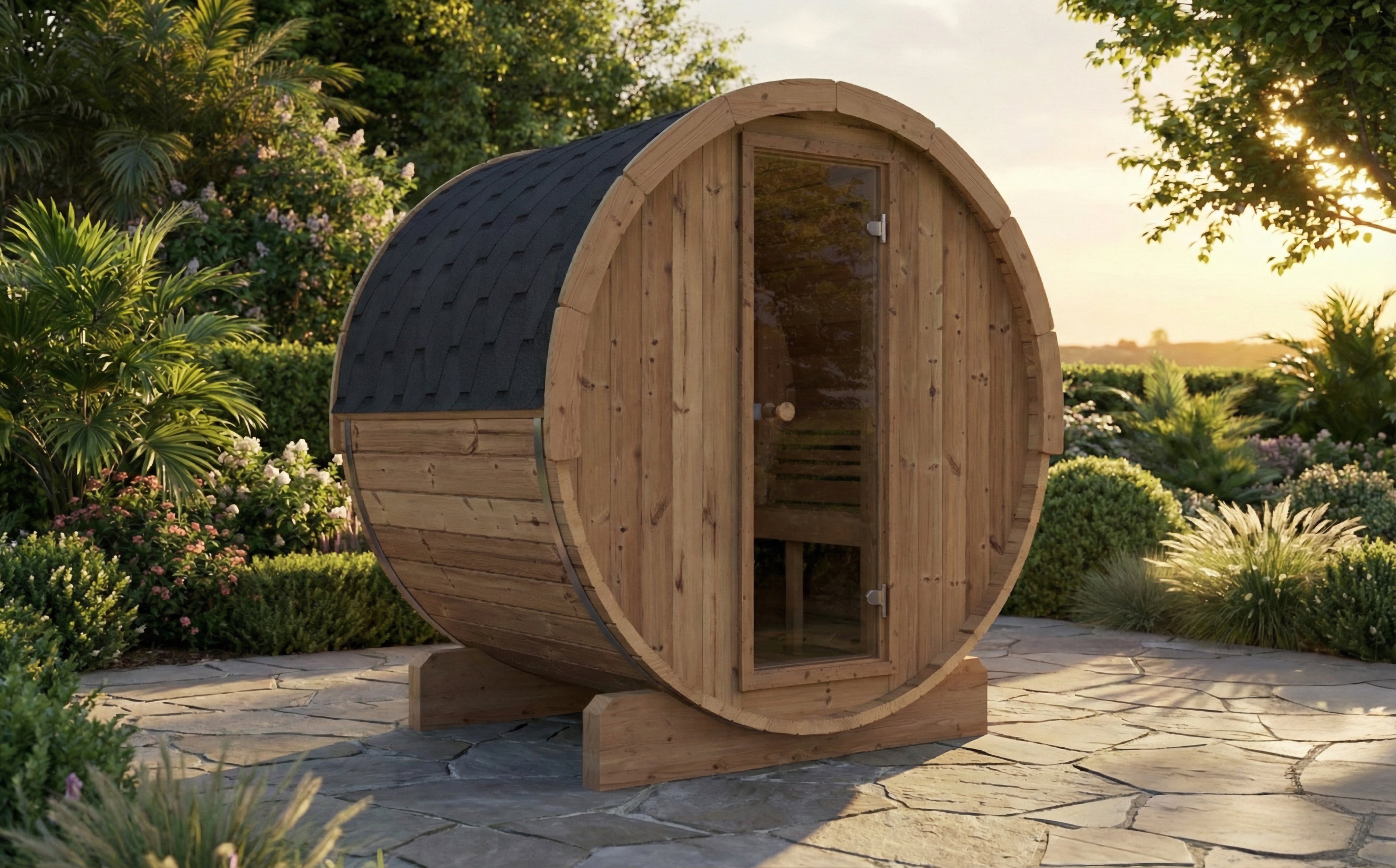 SaunaLife E6 Outdoor Barrel Sauna – Thermo-Spruce (3-Person)