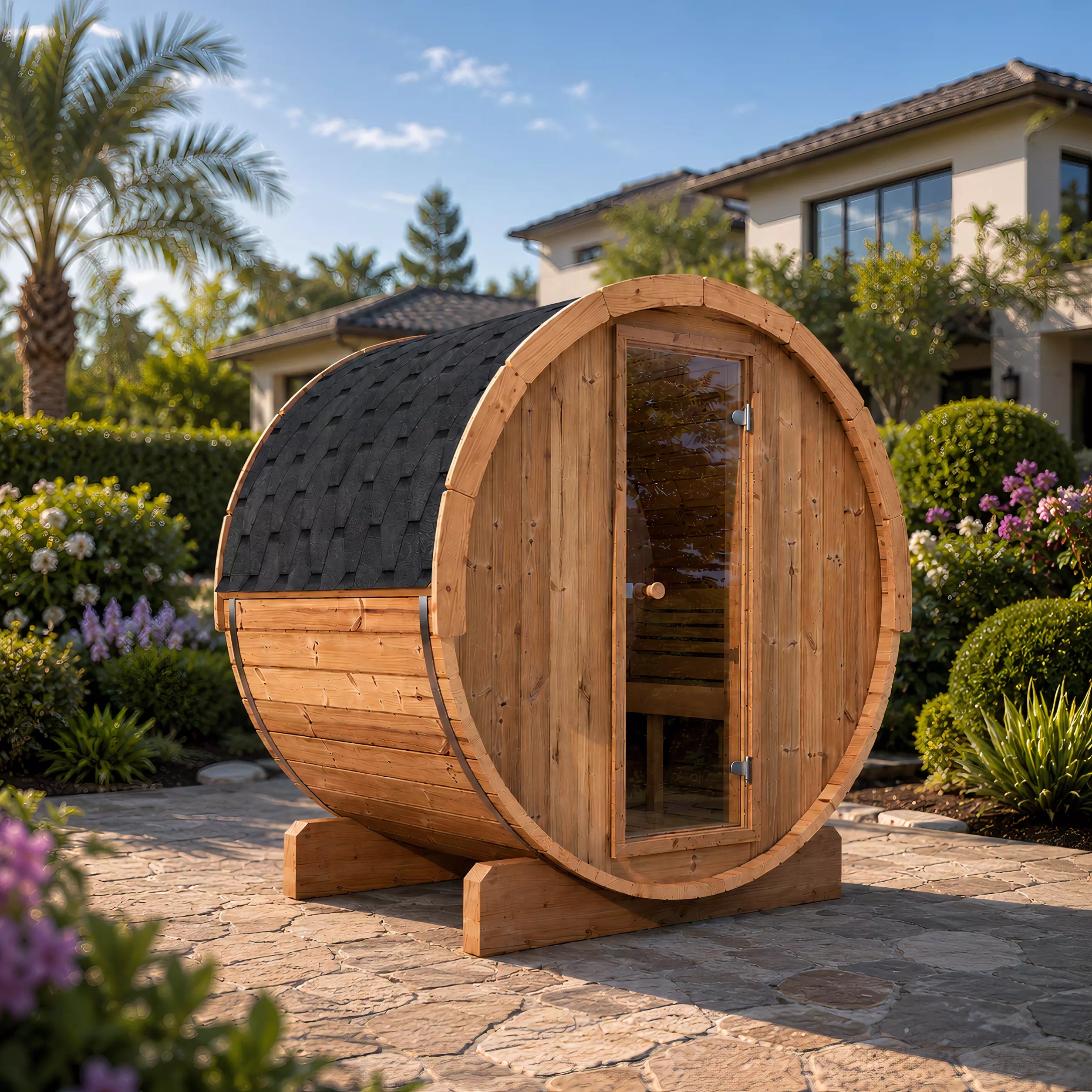 SaunaLife E6 Outdoor Barrel Sauna – Thermo-Spruce (3-Person)