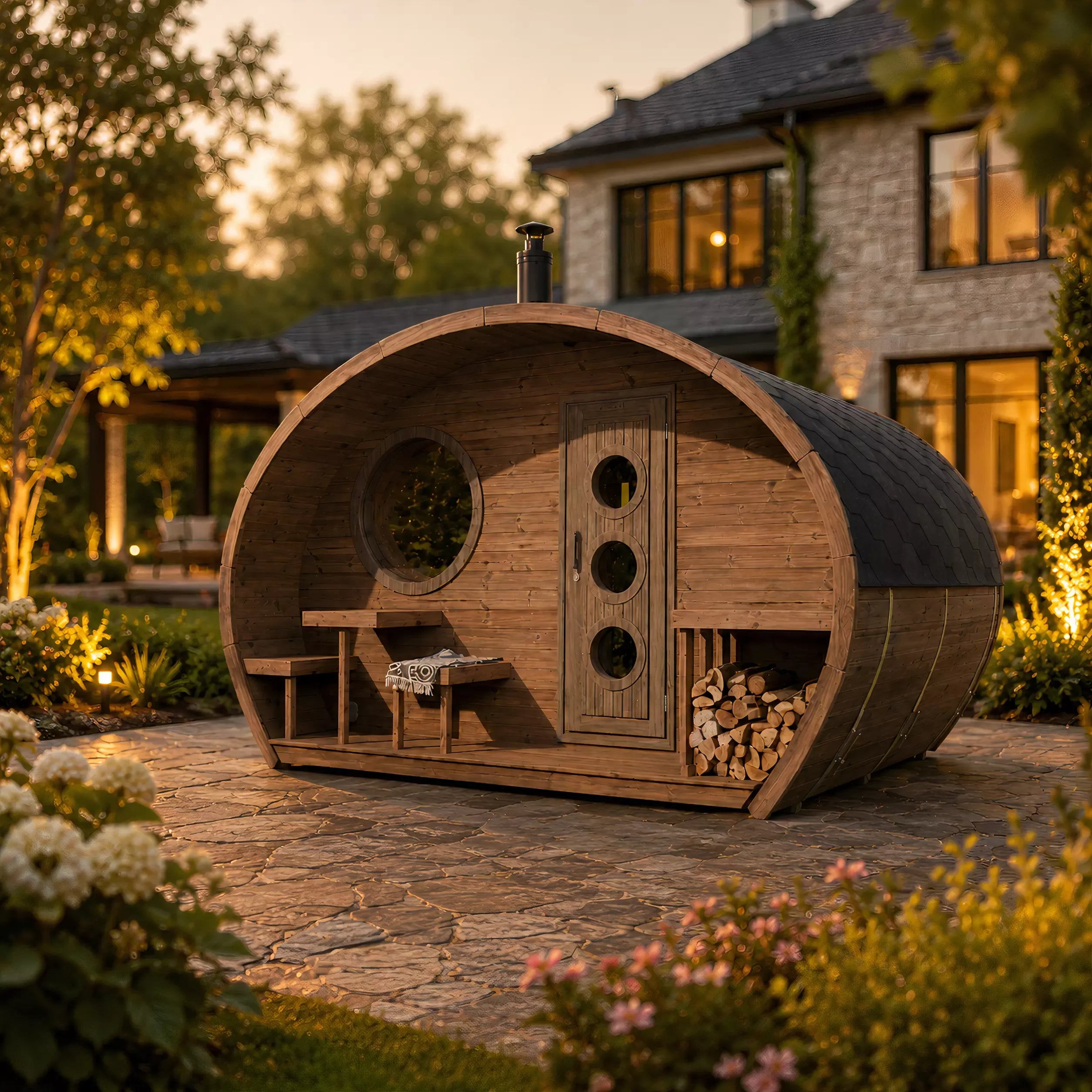 Wooden barrel-shaped sauna in a garden setting with a house in the background.