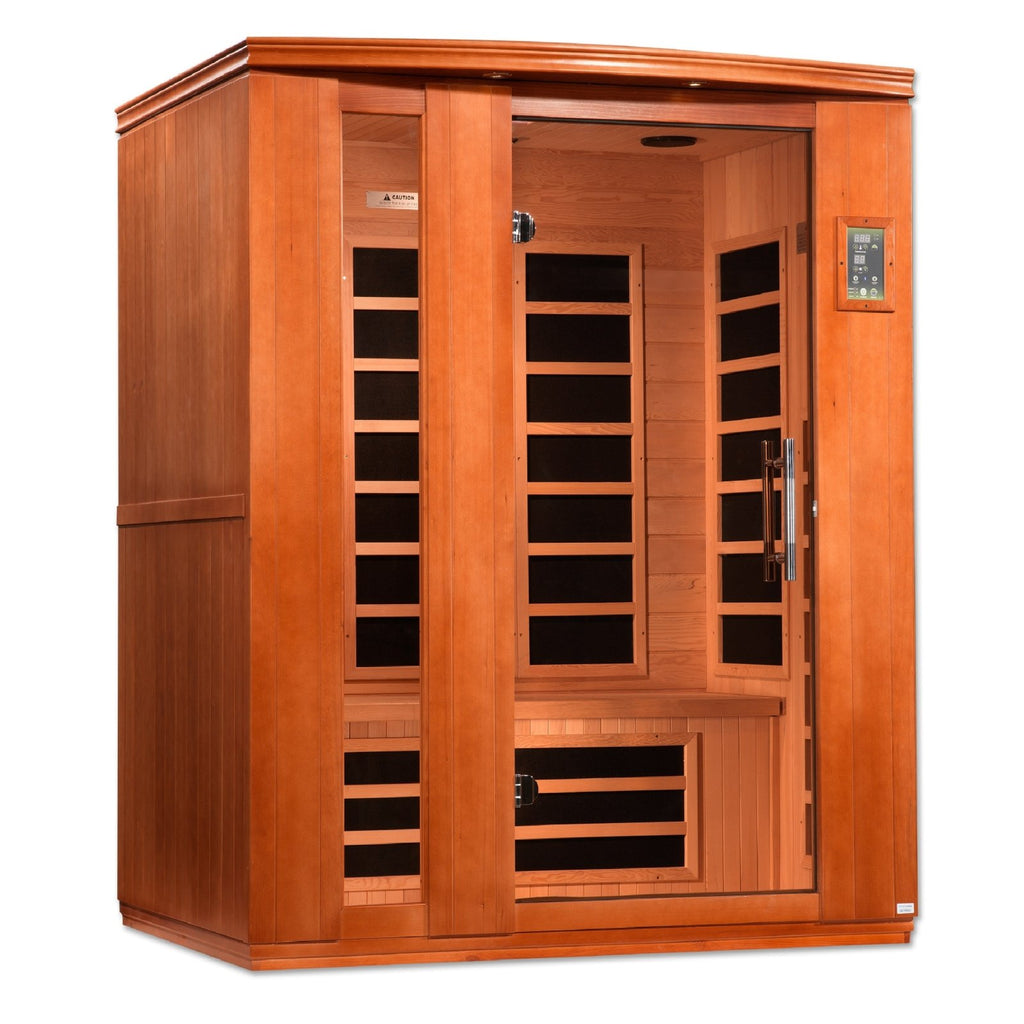 Dynamic Lugano 3 person infrared sauna exterior view in home setting - Reset Peak