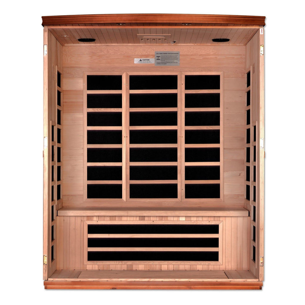 Dynamic Lugano 3 person infrared sauna interior bench and infrared layout - Reset Peak