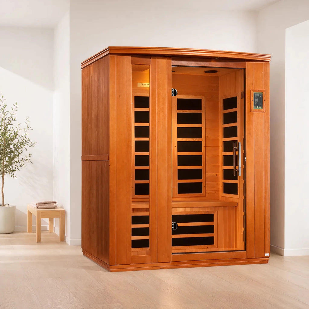 Dynamic Lugano 3 person infrared sauna exterior view in home setting - Reset Peak