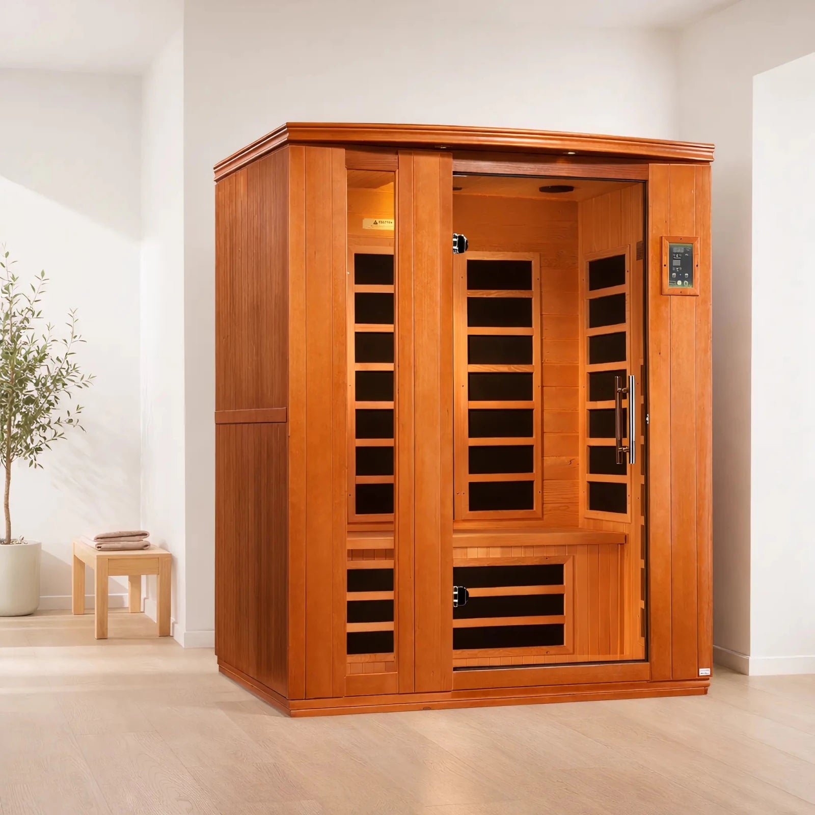 Dynamic Lugano 3 person infrared sauna exterior view in home setting - Reset Peak
