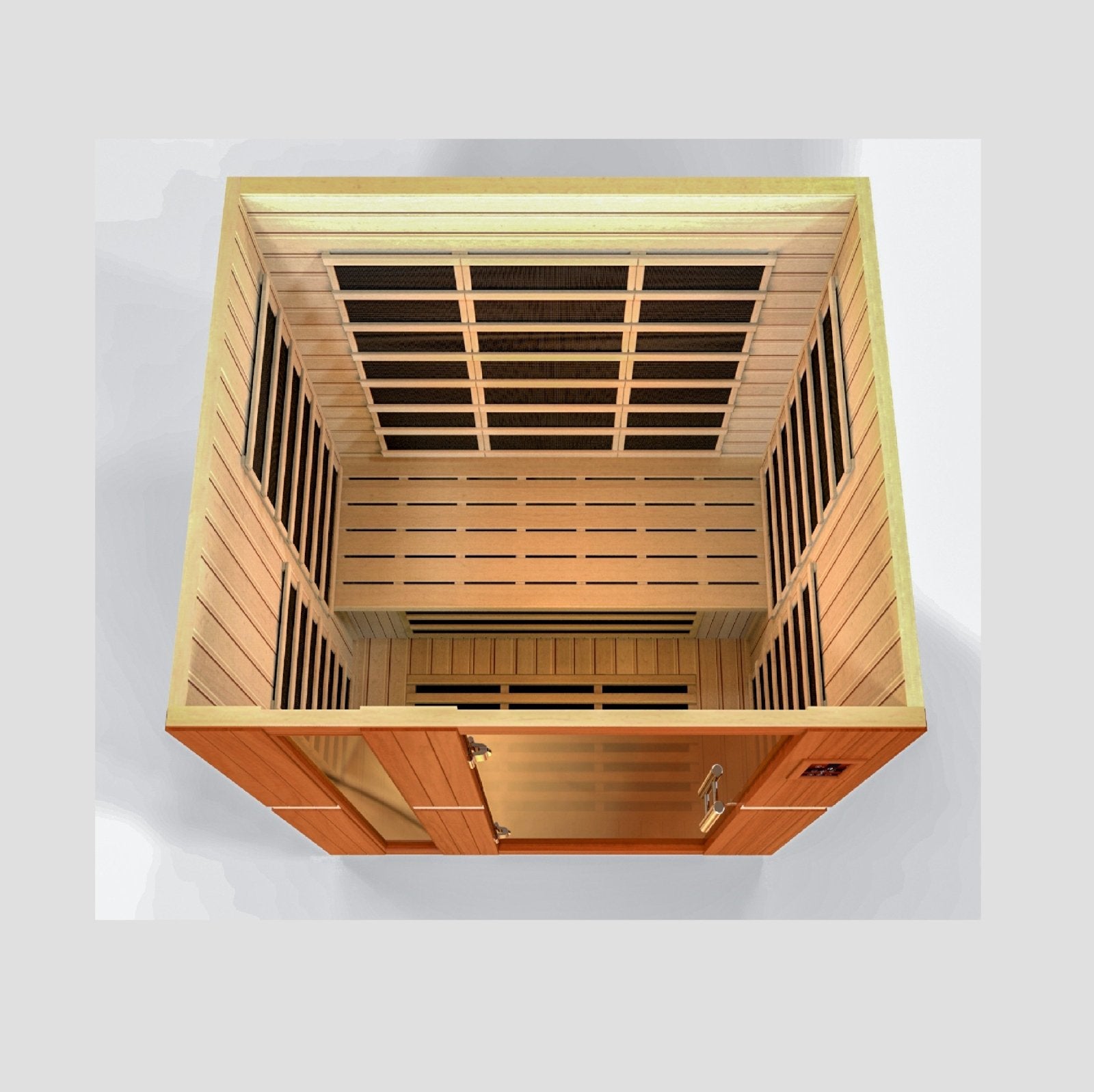 Dynamic Lugano 3 person infrared sauna interior bench and infrared layout - Reset Peak